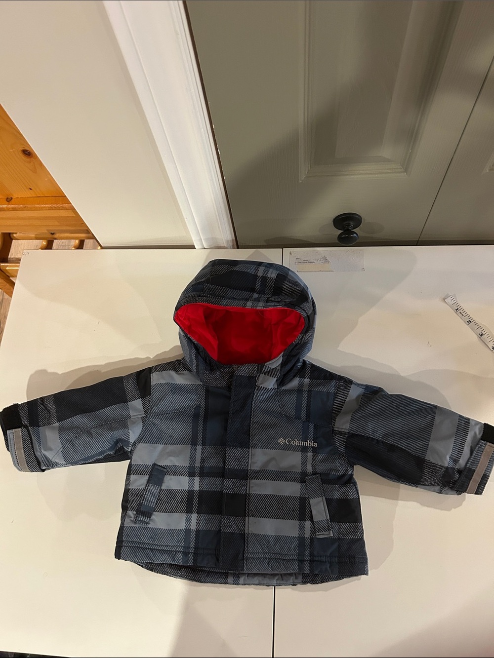 Columbia Kids Plaid Winter Jacket with Red Lined Hood
